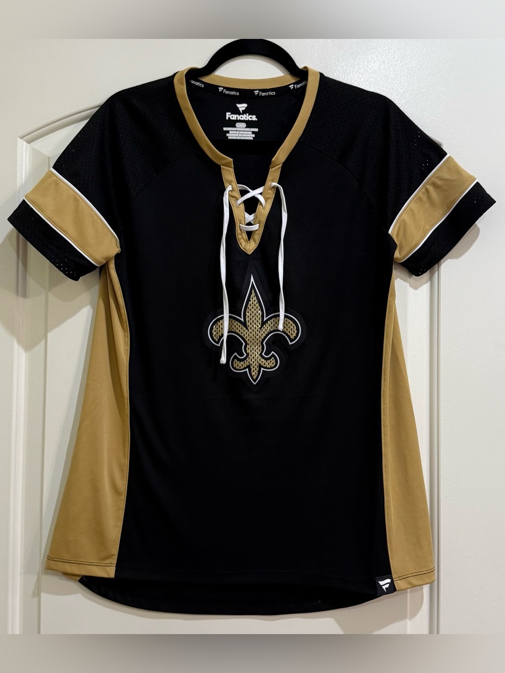 New Orleans Saints Jersey. Womens. V neck lace up. Sequined Fleur De Lis. L